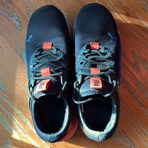 PUMAs with black, orange, yellowish-gold, blue & white; size Men’s 10.5; comfy!